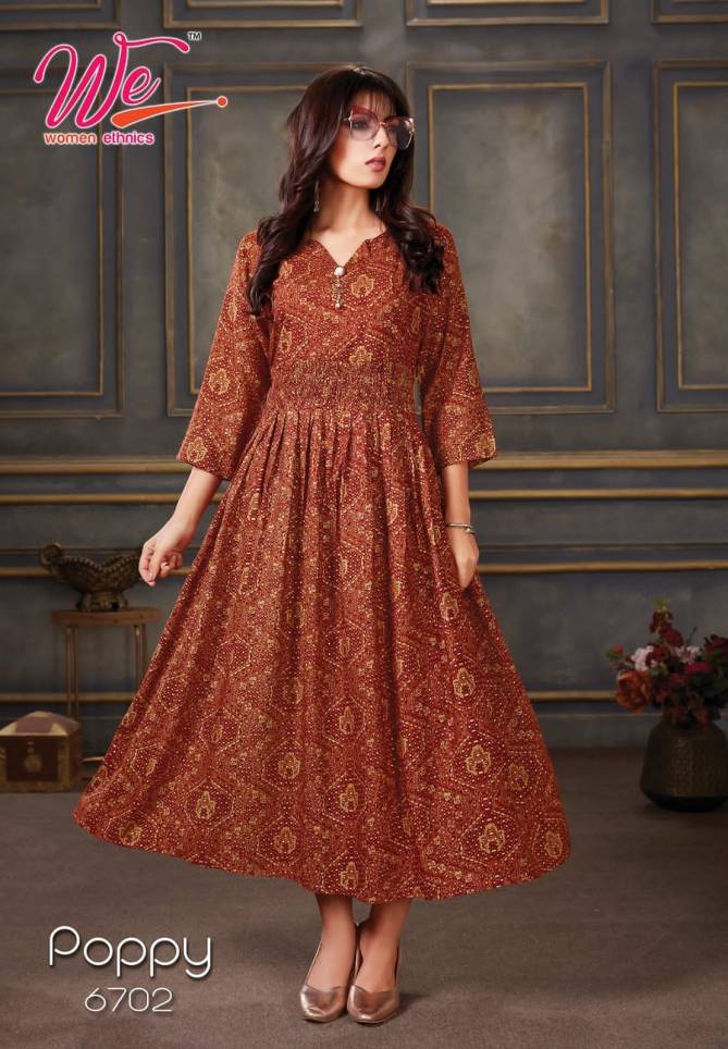 WE POPPY Fancy Party Wear Rayon Printed Anarkali Kurtis Collection